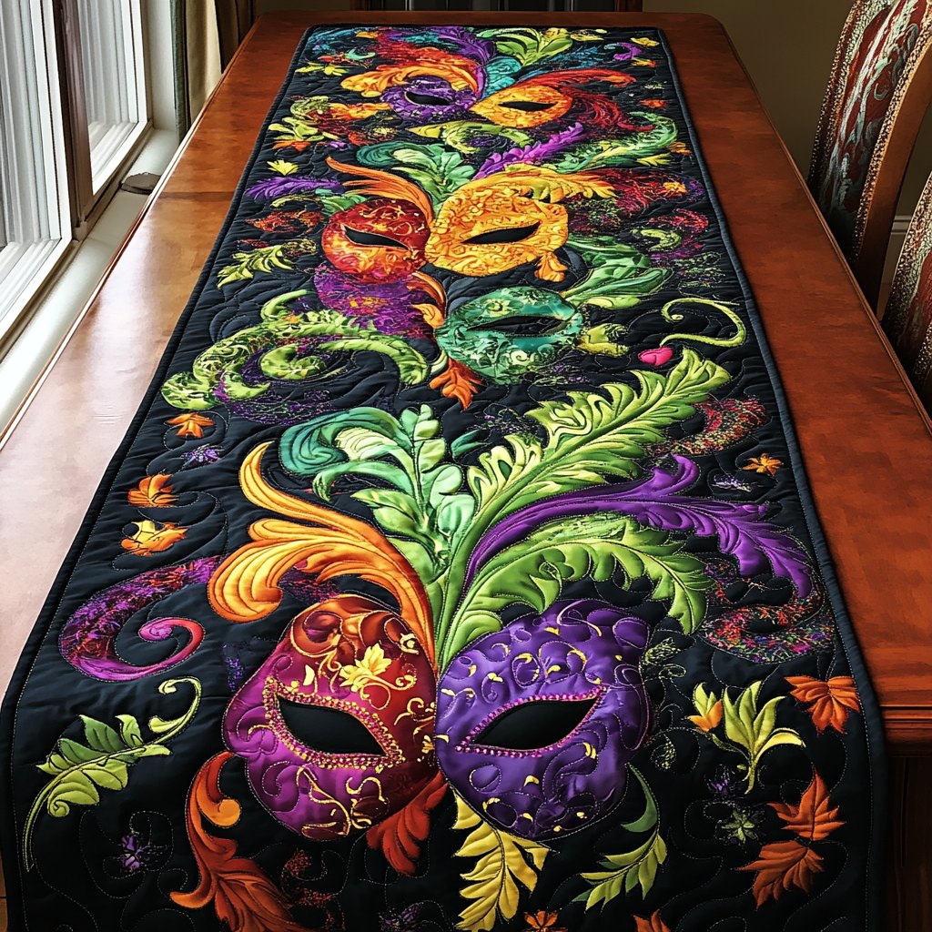 Carnival Masks with Green Ferns Table Runner