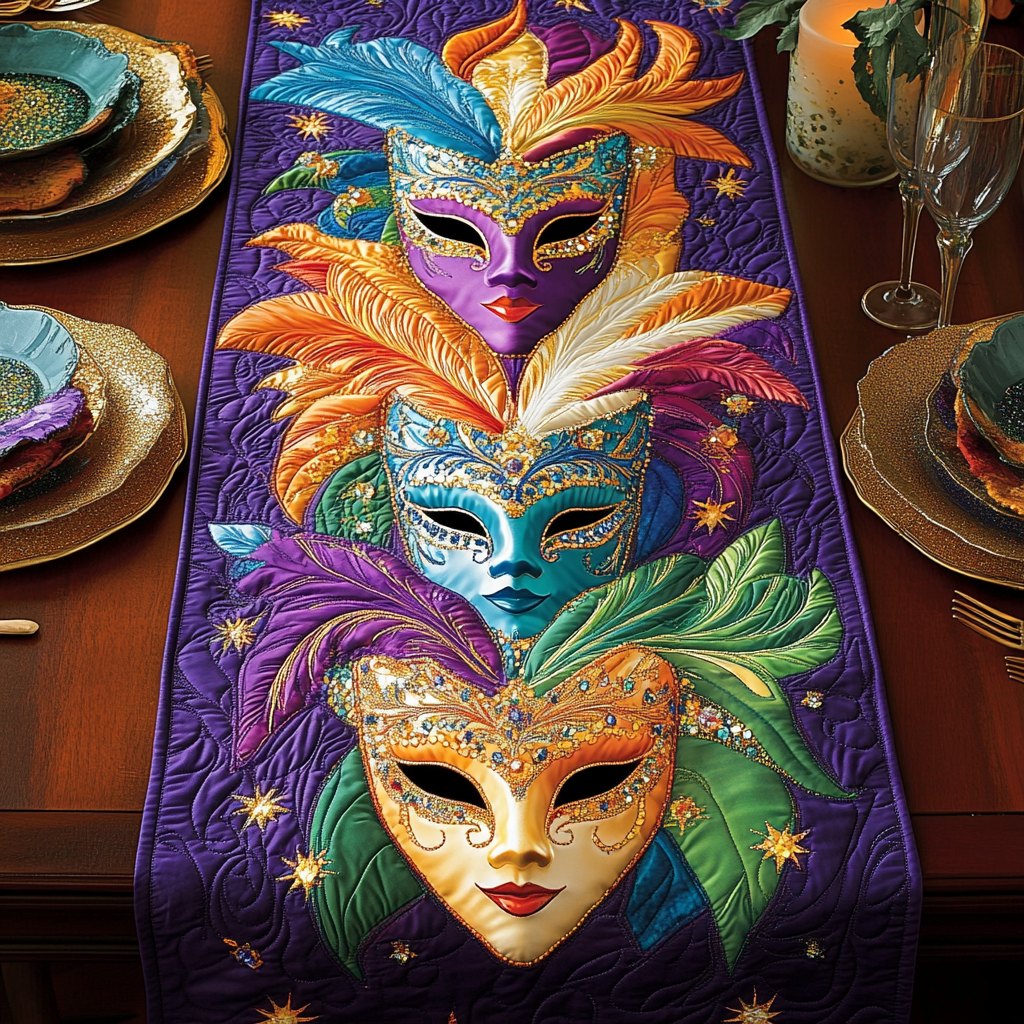 Feathered Masks in Purple and Gold Table Runner