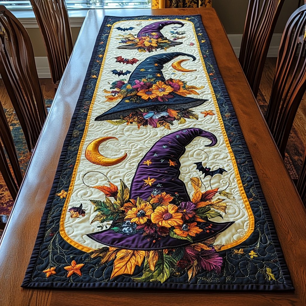 Witch Hat with Autumn Flowers Table Runner