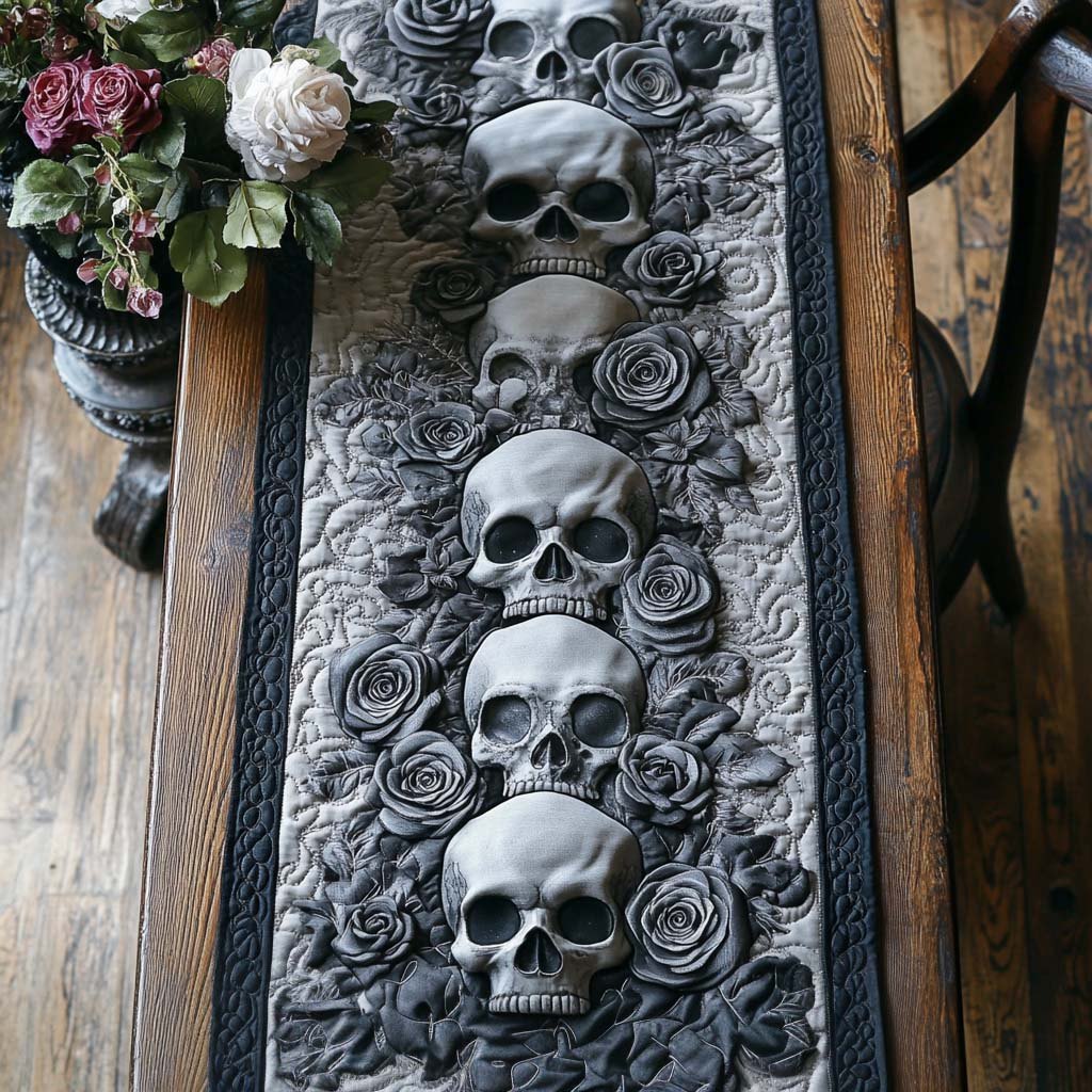 Silver Skulls Among Grey Roses Table Runner