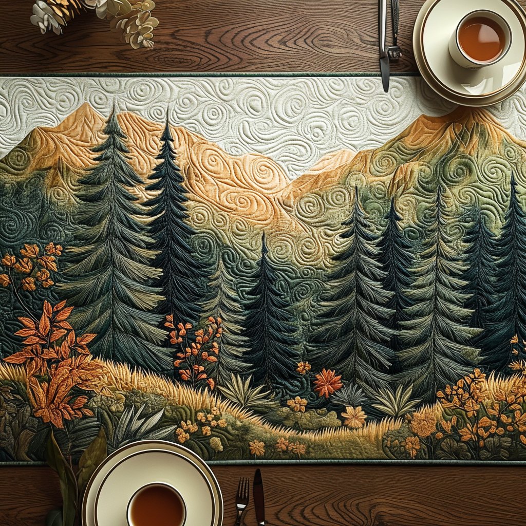Pine Forest Below Rolling Mountains Table Runner