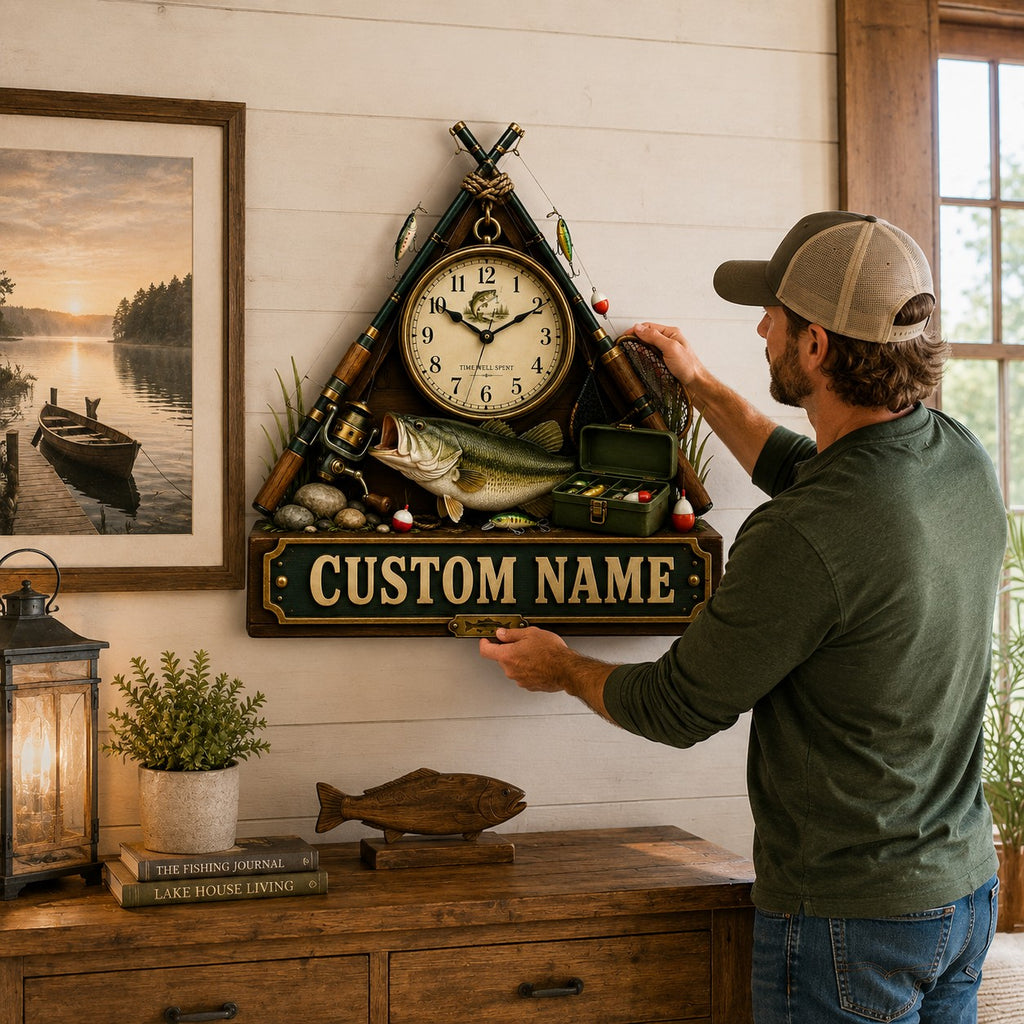 Fishing rod Custom Name Wall Clock — personalized with a custom name
