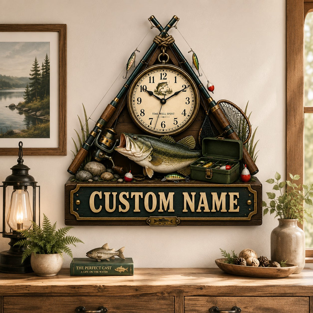Fishing rod Custom Name Wall Clock — personalized with a custom name