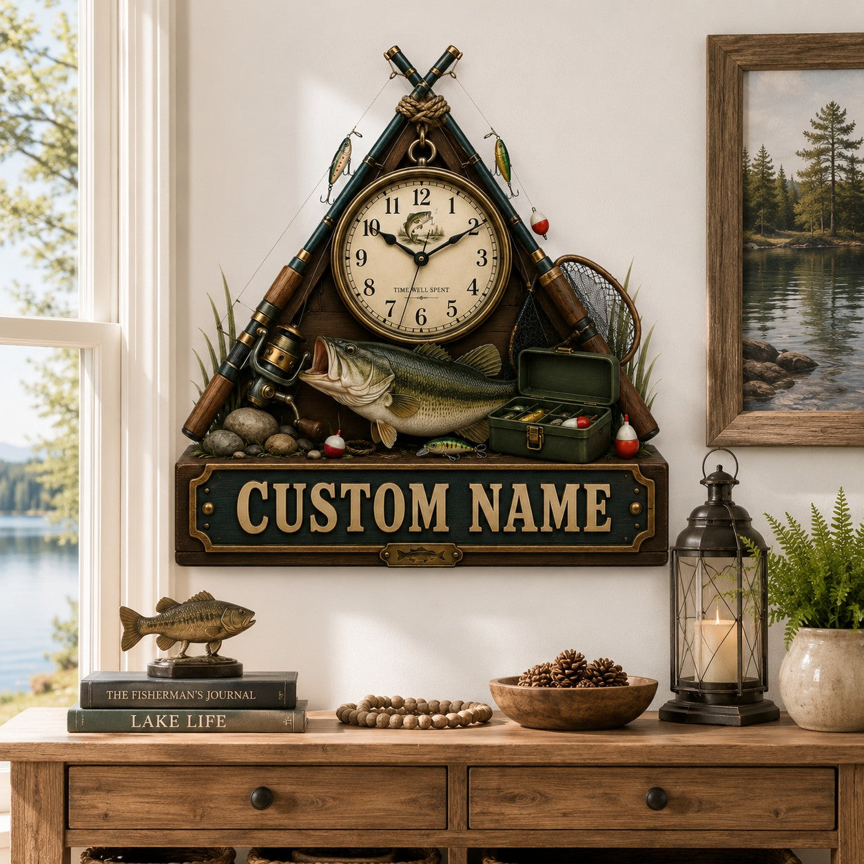 Fishing rod Custom Name Wall Clock — personalized with a custom name