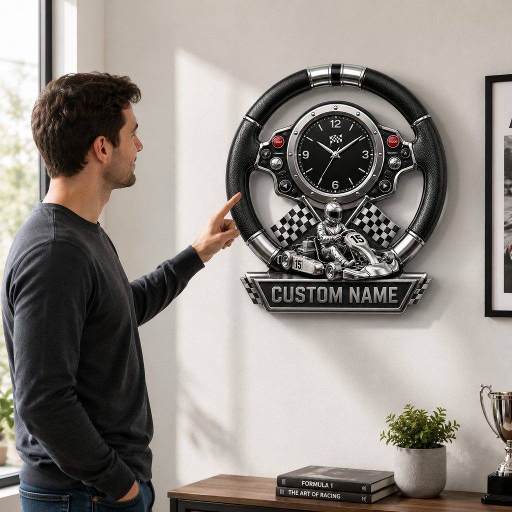 Kart Racing Custom Name Wall Clock — personalized with a custom name
