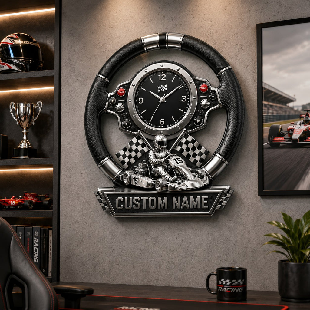 Kart Racing Custom Name Wall Clock — personalized with a custom name