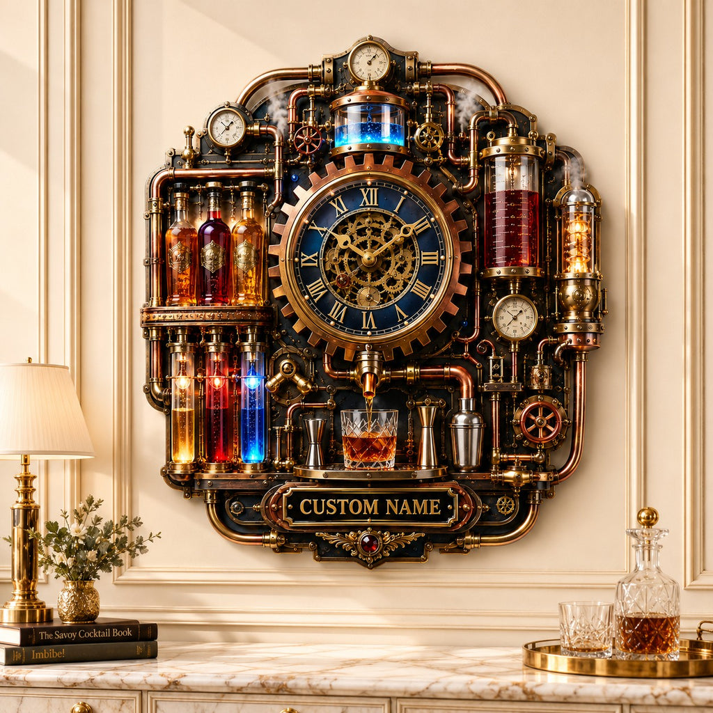 Personalized steampunk bar wall clock — personalized with a custom name