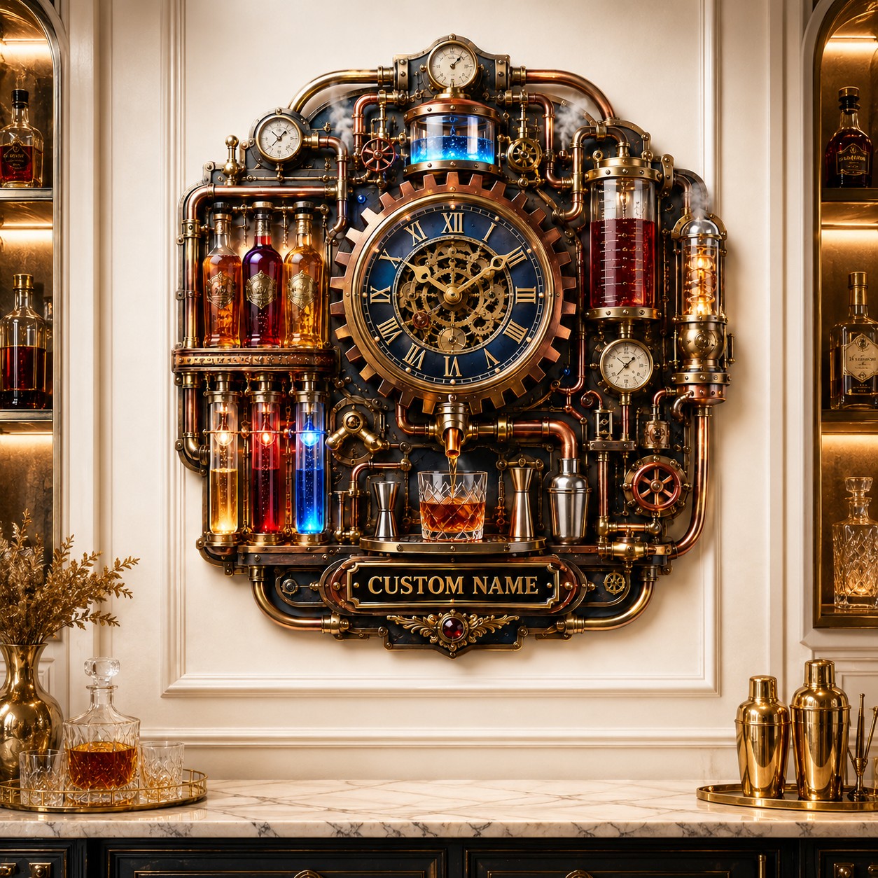 Personalized steampunk bar wall clock — personalized with a custom name