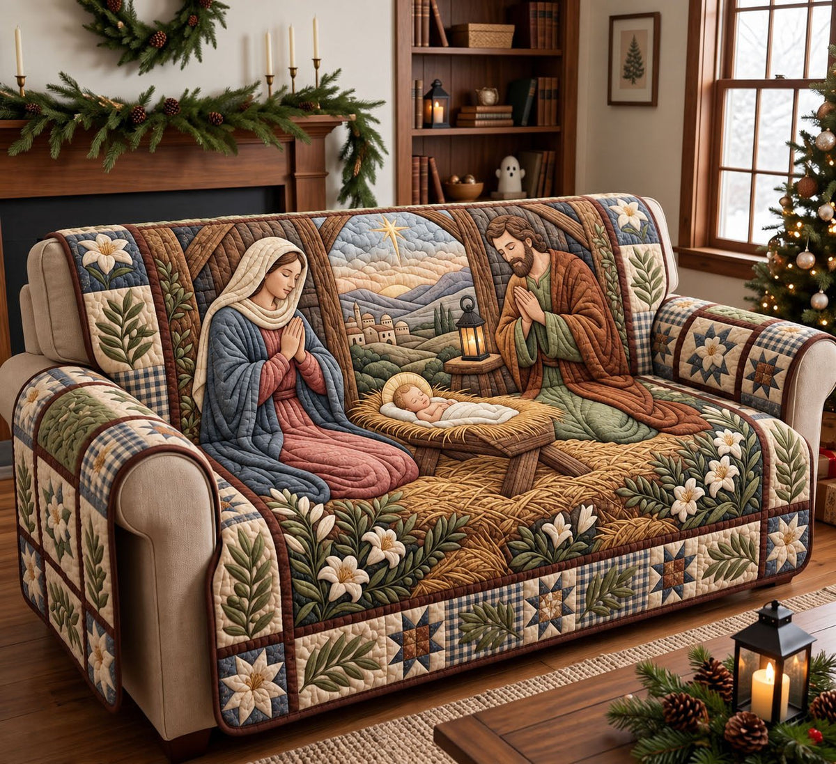 Kneeling Mary Manger Landscape Sofa Cover