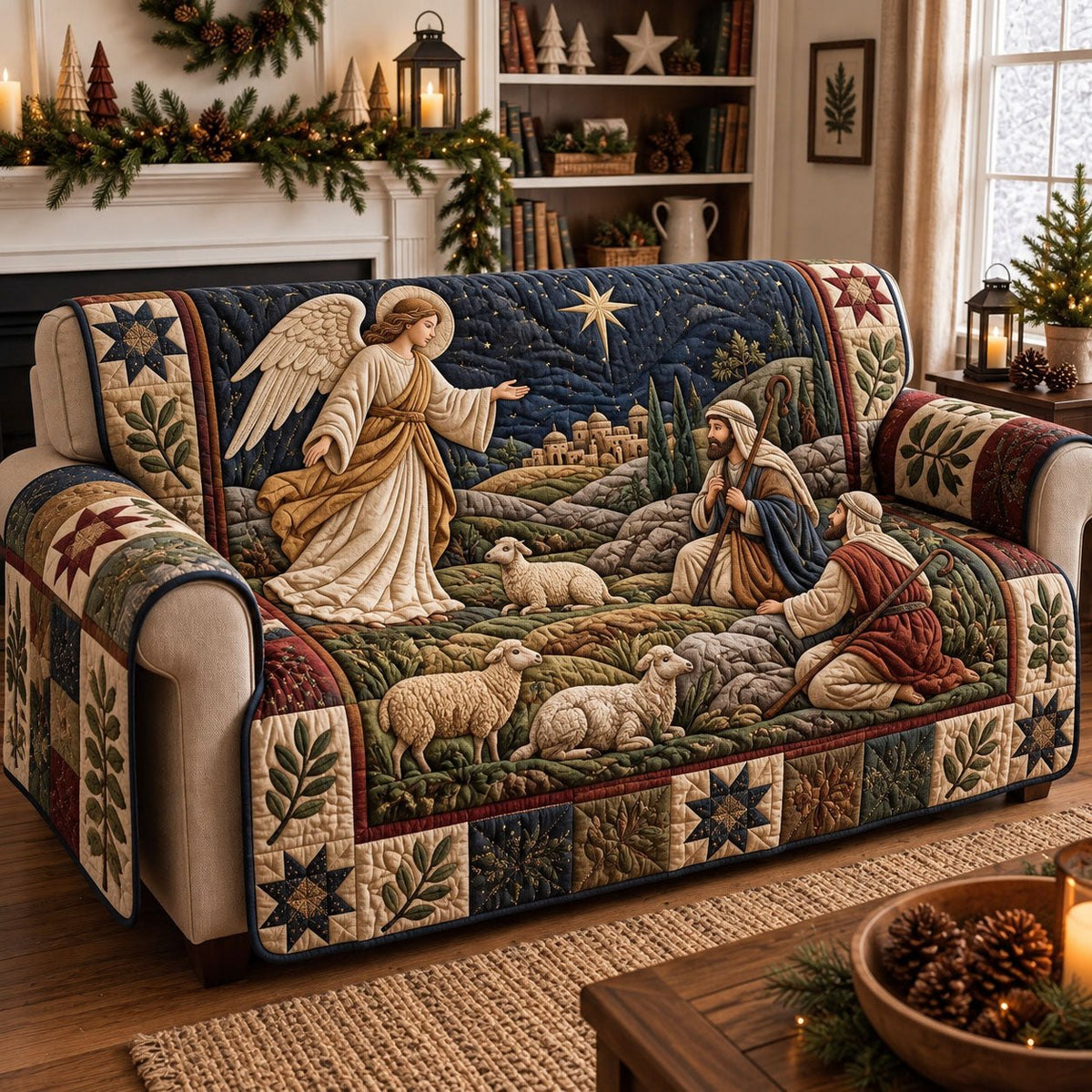 Angel and Shepherds Nativity Sofa Cover