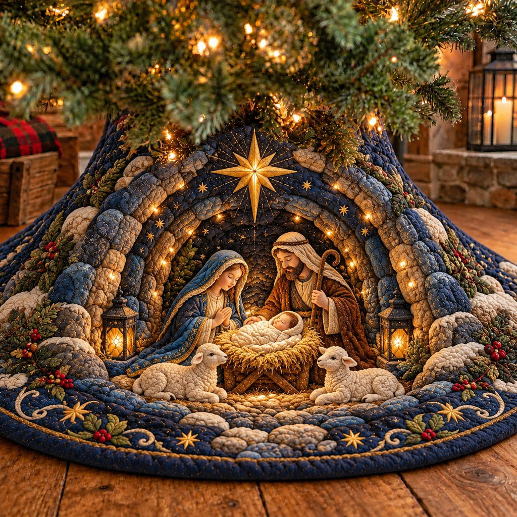 Starlit Blue Arch Nativity Christmas Tree Skirt