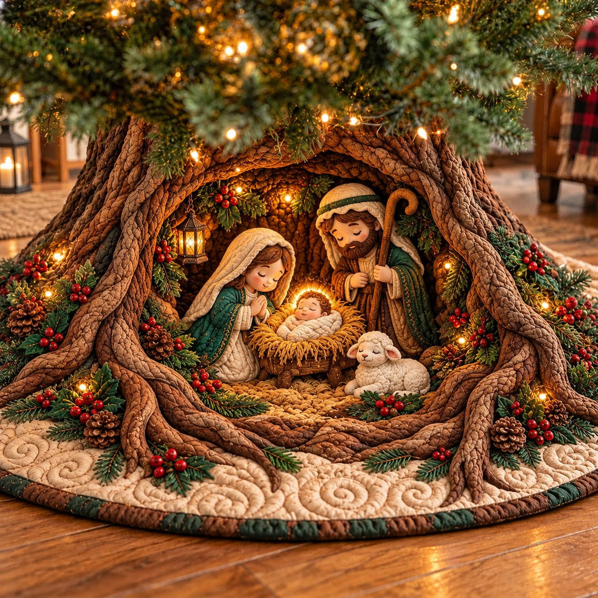 Tree Root Hollow Nativity Christmas Tree Skirt
