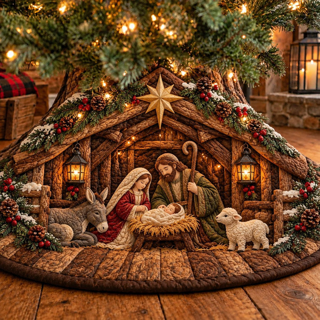 Rustic Stable Donkey Nativity Christmas Tree Skirt