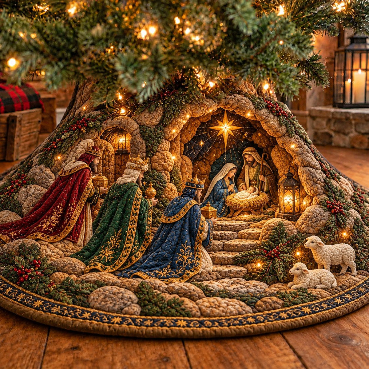 Three Kings Stone Steps Nativity Christmas Tree Skirt