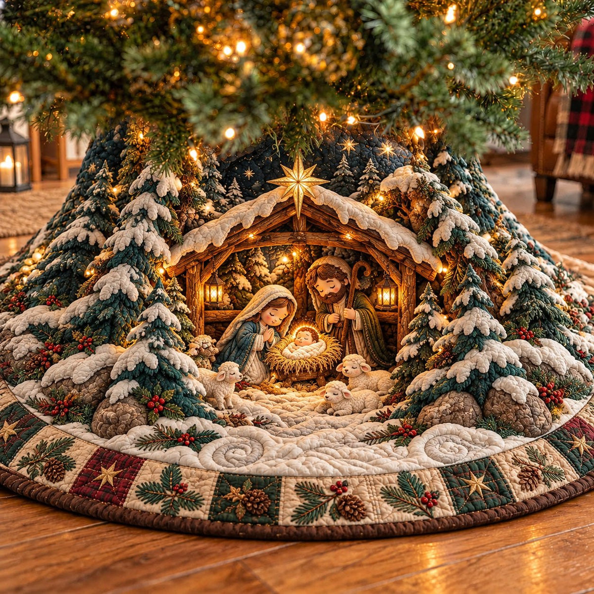 Snowy Pine Stable Nativity Christmas Tree Skirt