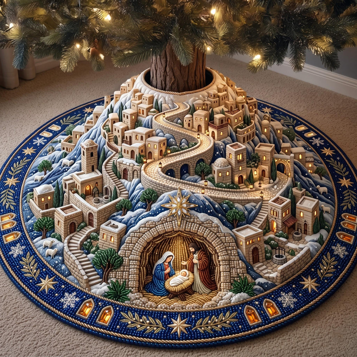 Stone Hillside Nativity Cave Christmas Tree Skirt
