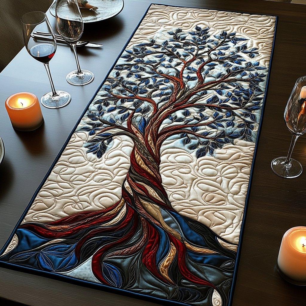 Tree of Life in Red and Blue Table Runner