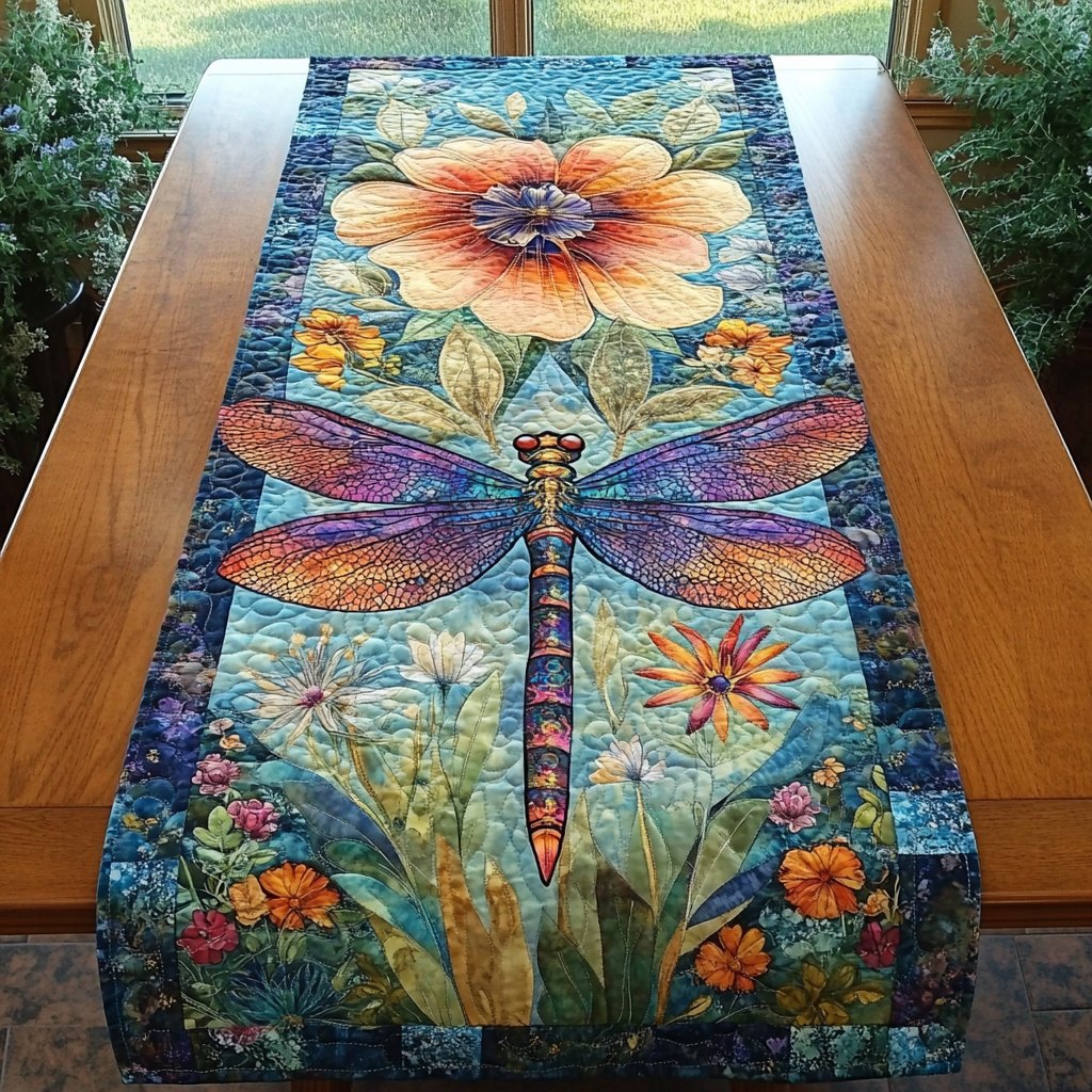 Dragonfly on Blue Floral Panel Table Runner