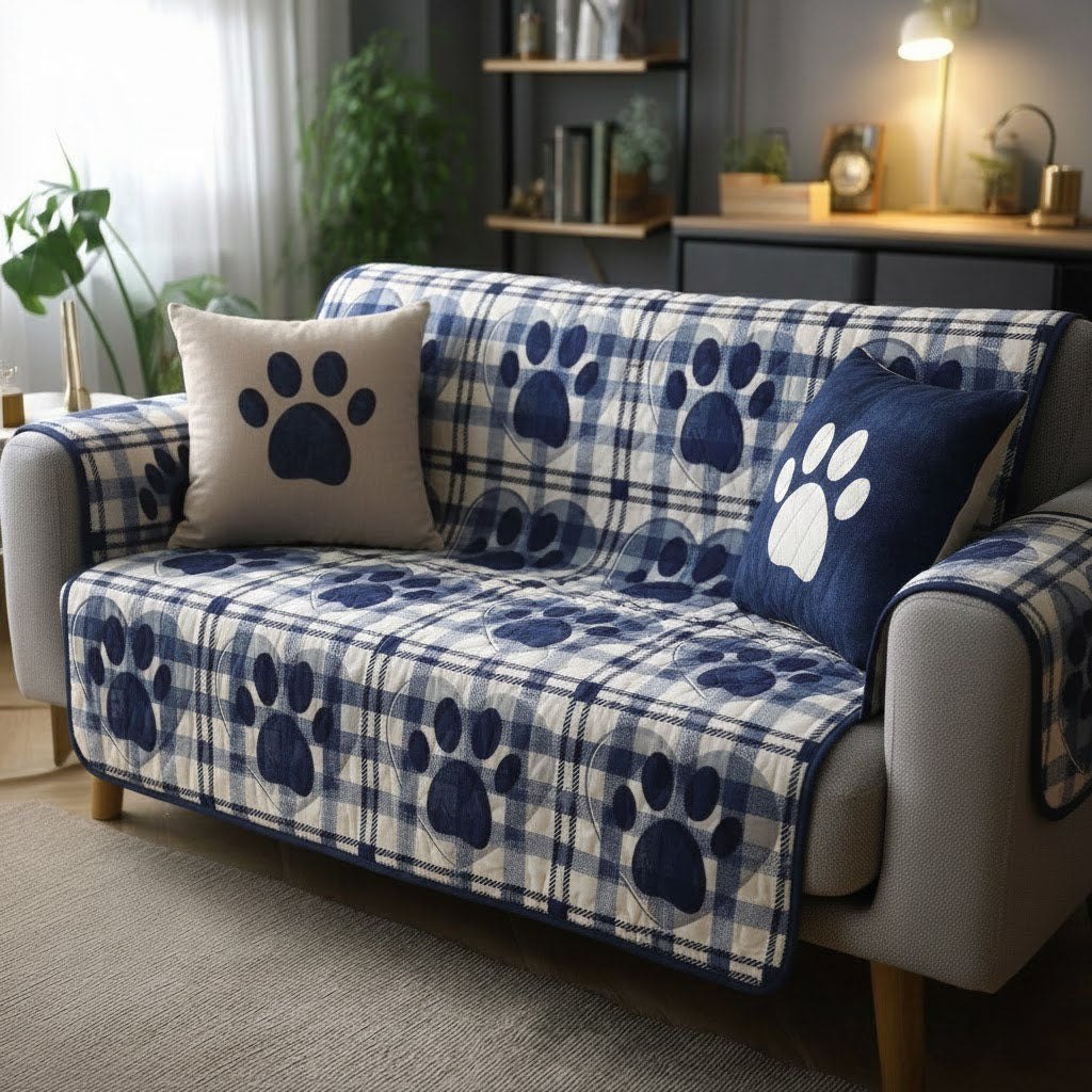 Navy Paw Plaid Sofa Cover