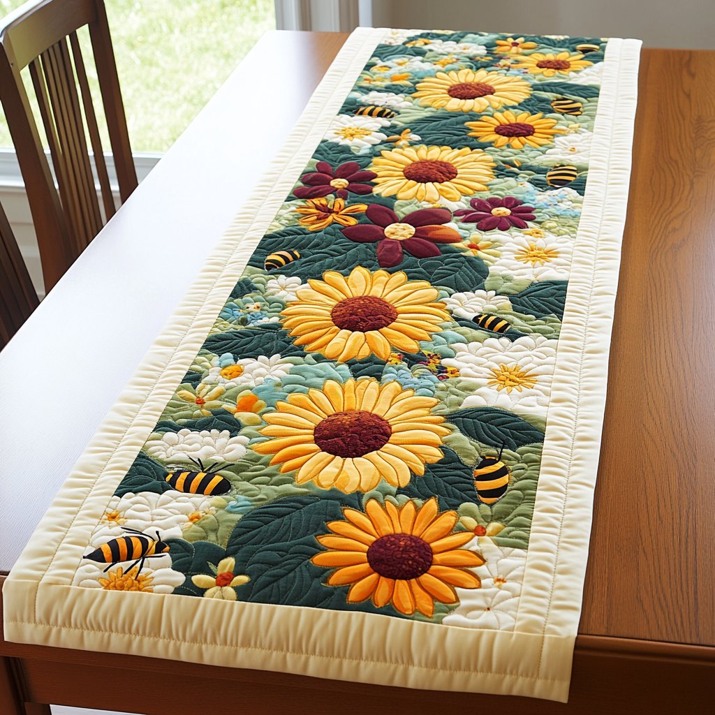 Sunflowers and Honeybees on Ivory Table Runner