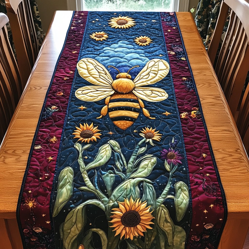 Bee with Sunflowers on Navy Table Runner