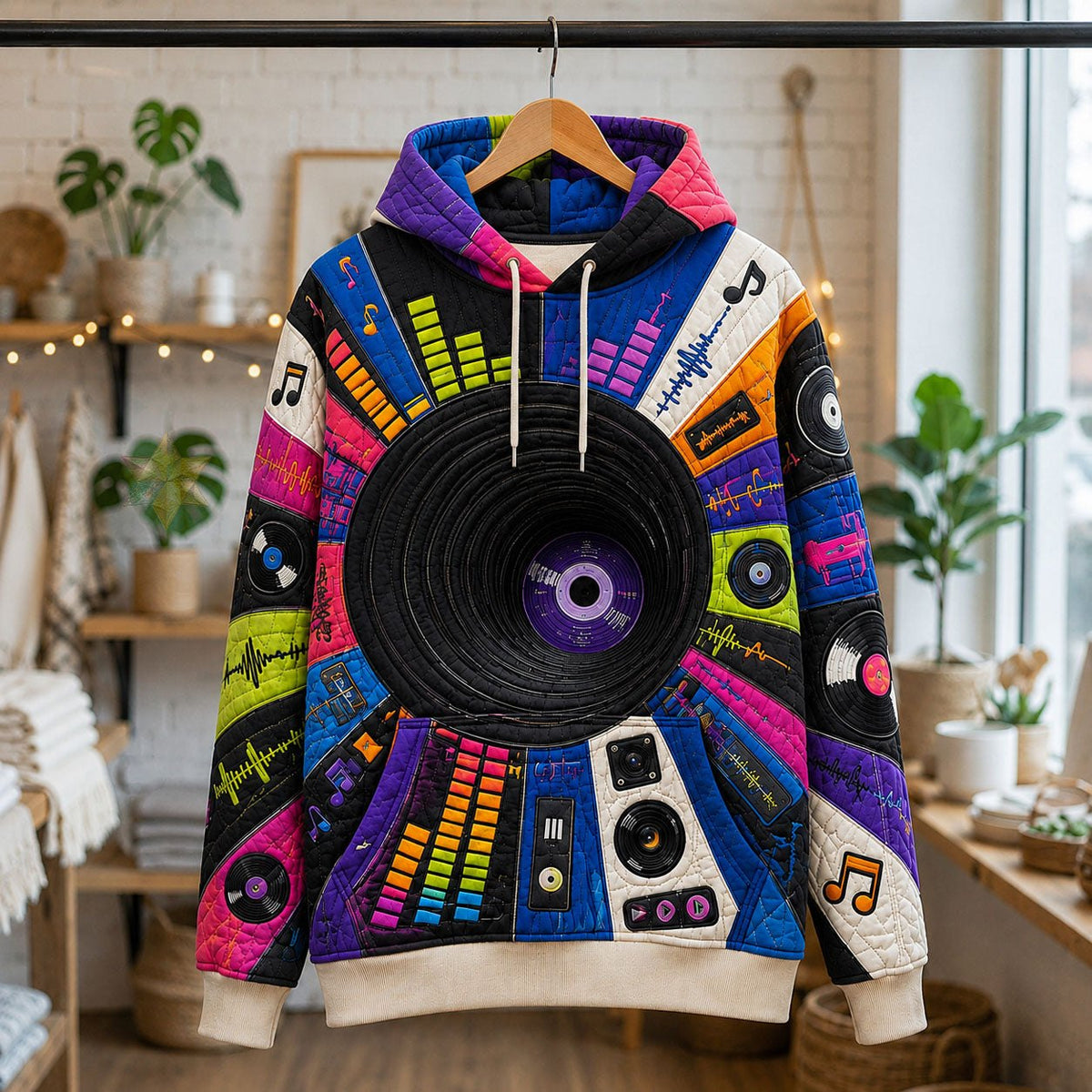 Neon Vinyl Beats hoodie, all-over print