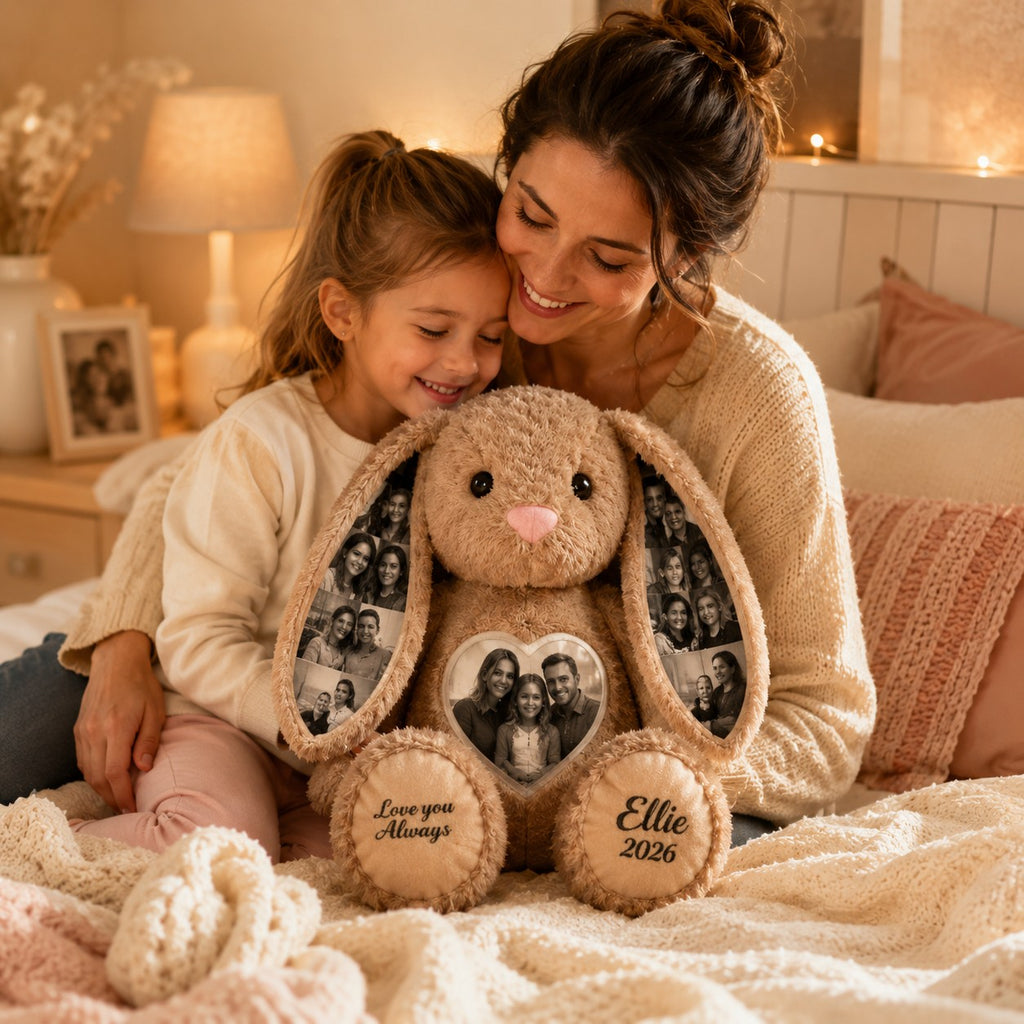 Family photo bunny Custom Name Wall Clock — personalized with a custom name