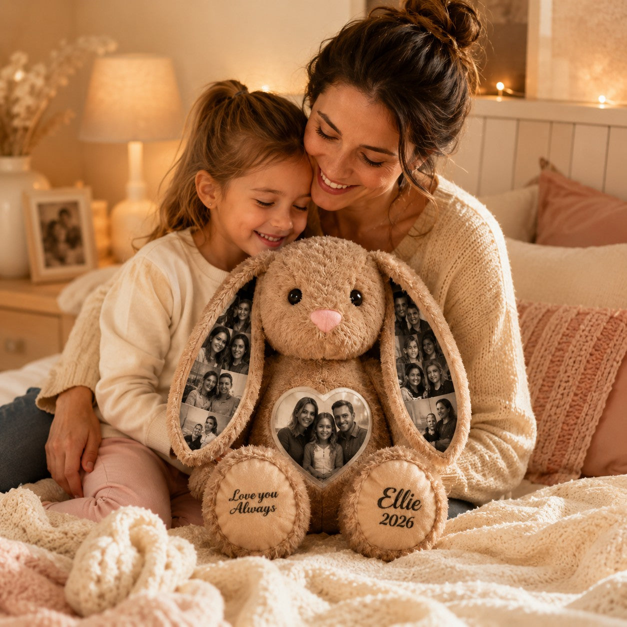 Family photo bunny Custom Name Wall Clock — personalized with a custom name