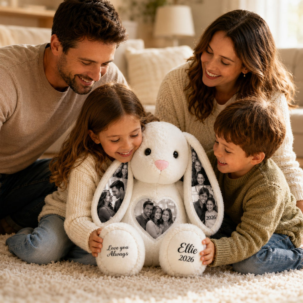 Family photo bunny Custom Name Wall Clock — personalized with a custom name