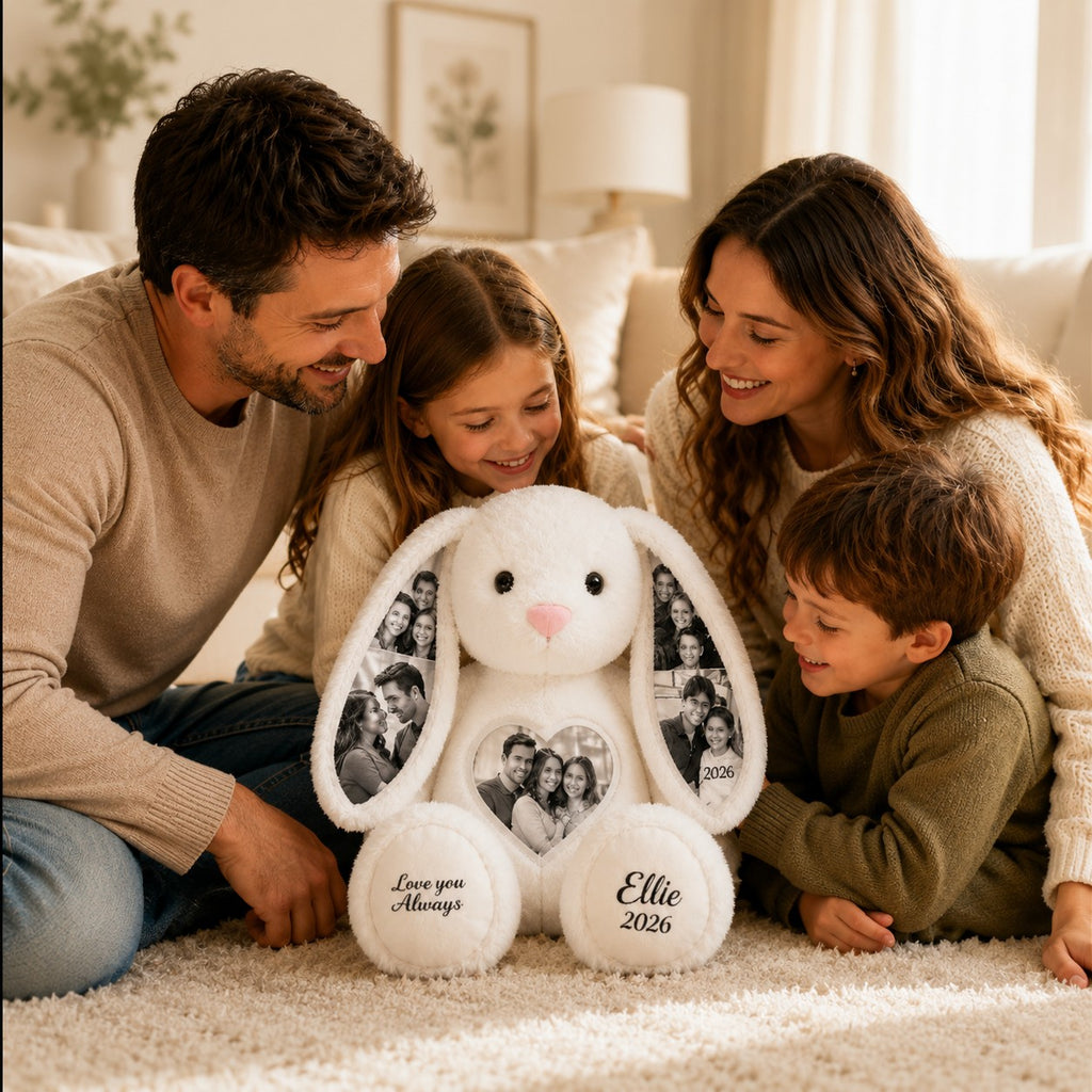 Family photo bunny Custom Name Wall Clock — personalized with a custom name