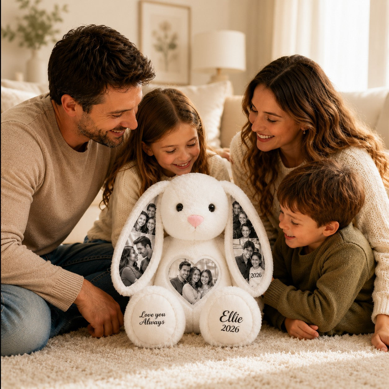 Family photo bunny Custom Name Wall Clock — personalized with a custom name