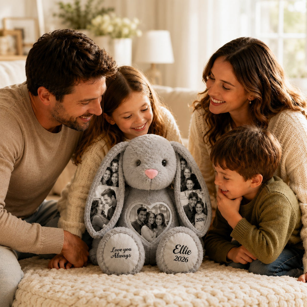 Family photo bunny Custom Name Wall Clock — personalized with a custom name