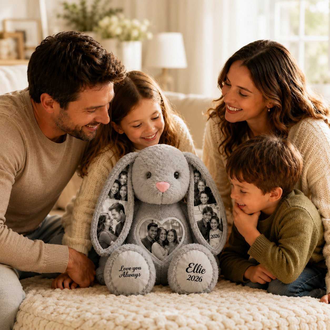Family photo bunny Custom Name Wall Clock — personalized with a custom name
