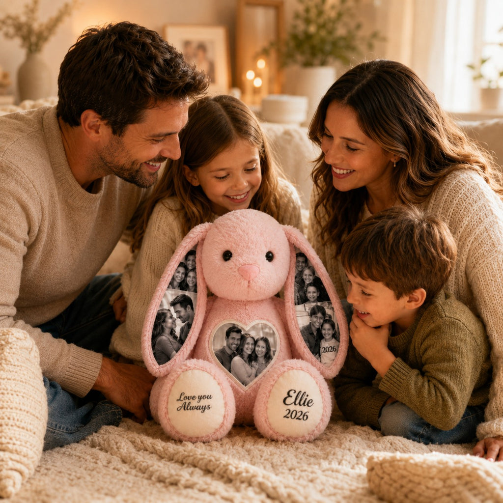 Family photo bunny Custom Name Wall Clock — personalized with a custom name