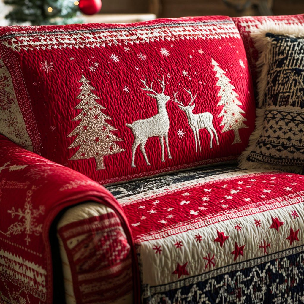 White Deer on Red with Trees Sofa Cover