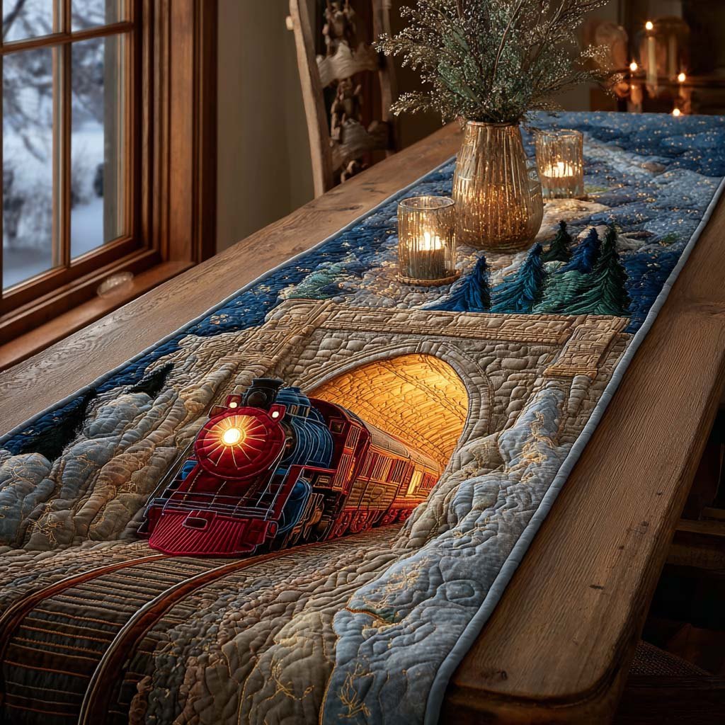 Train Entering Snowy Tunnel Table Runner