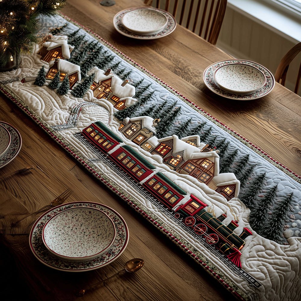 Train Through a Snowy Village Table Runner