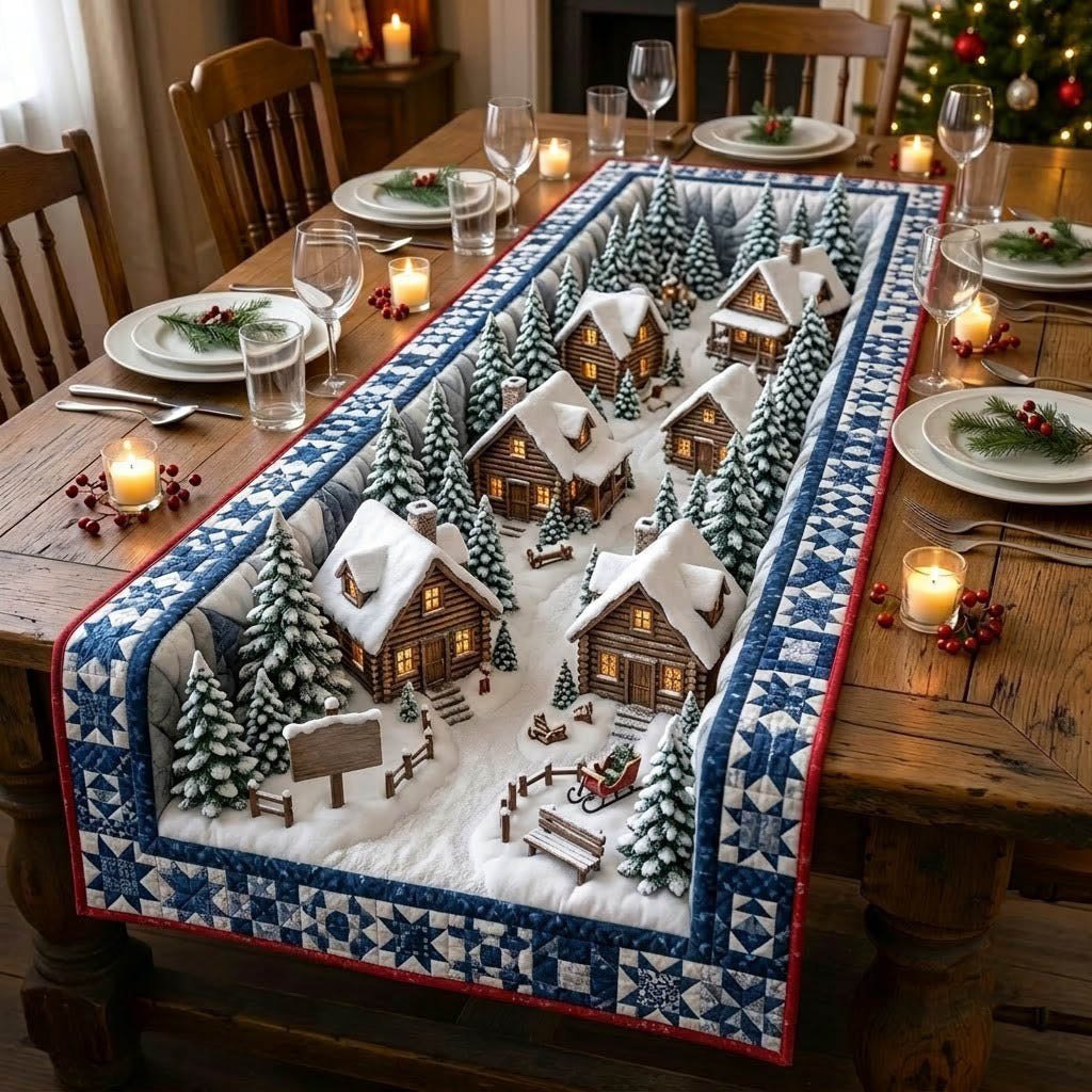 North Pole Blue Cabin Row Table Runner