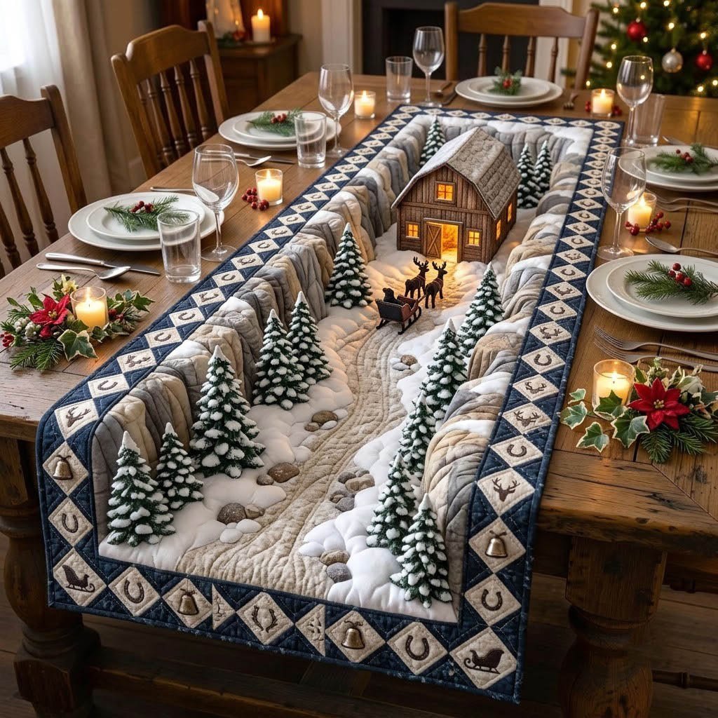 North Pole Red Roof Village Table Runner
