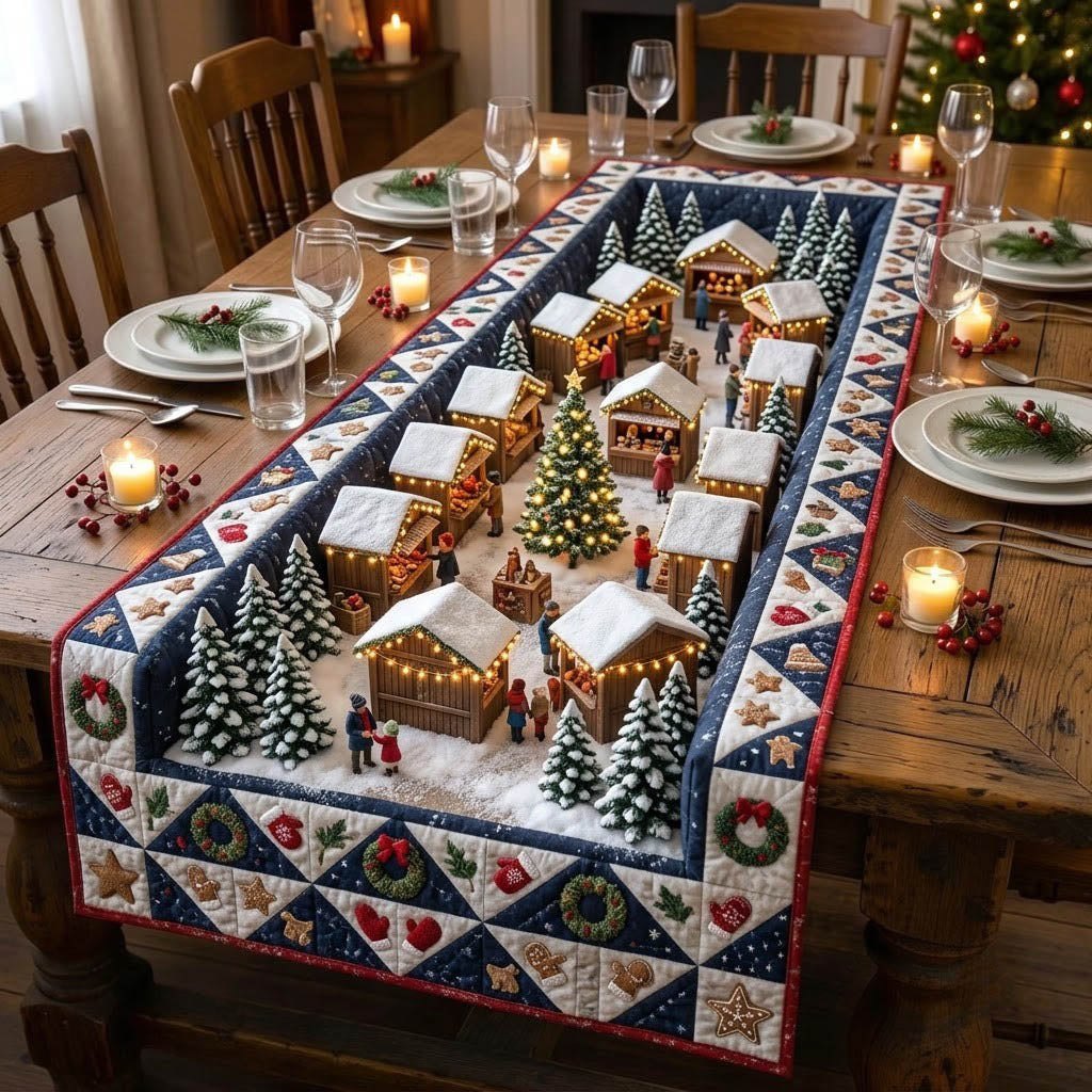 North Pole Market Stalls Table Runner