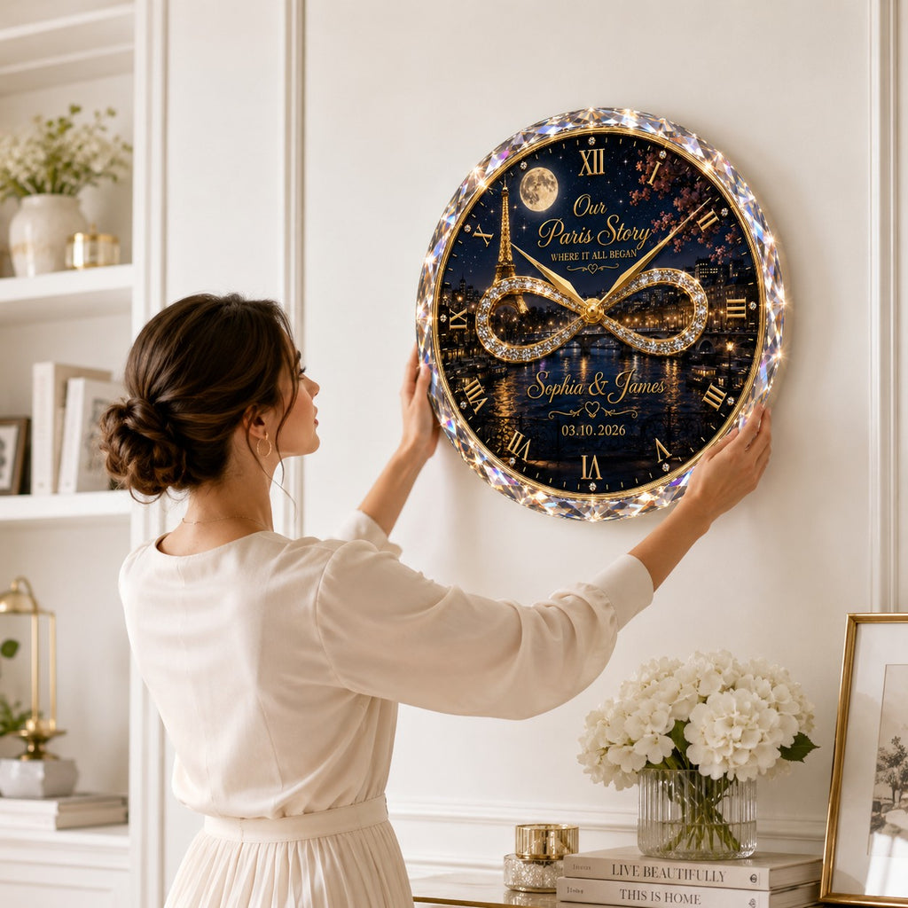 Personalized Paris couple Custom Name Wall Clock — personalized with a custom name