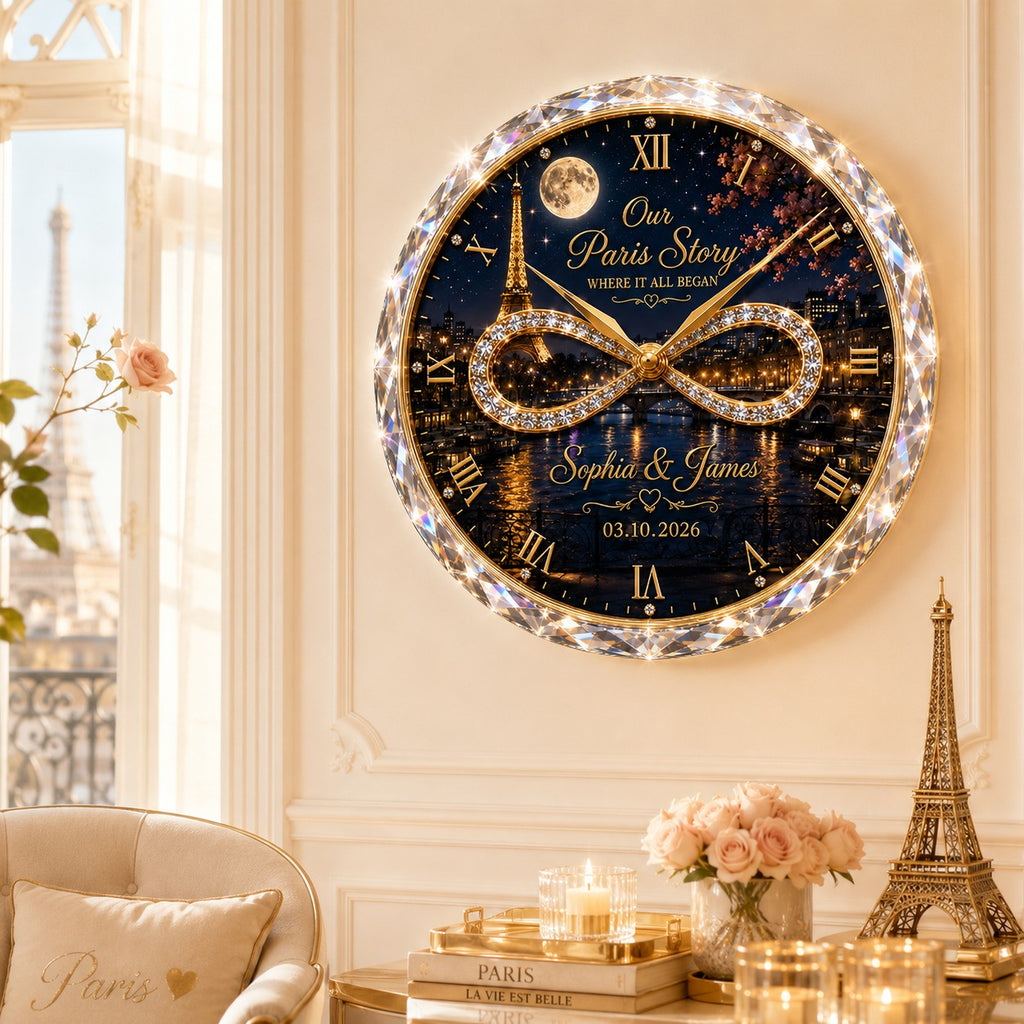Personalized Paris couple Custom Name Wall Clock — personalized with a custom name