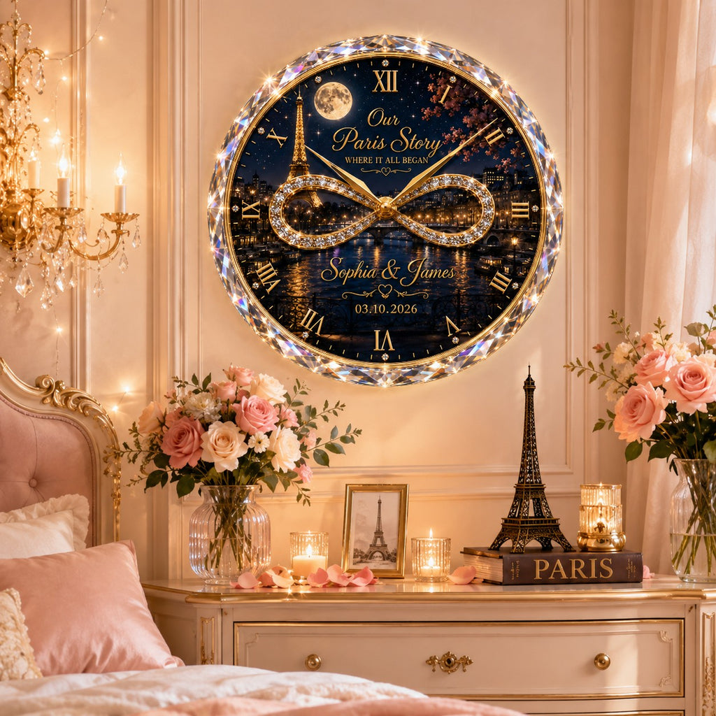 Personalized Paris couple Custom Name Wall Clock — personalized with a custom name
