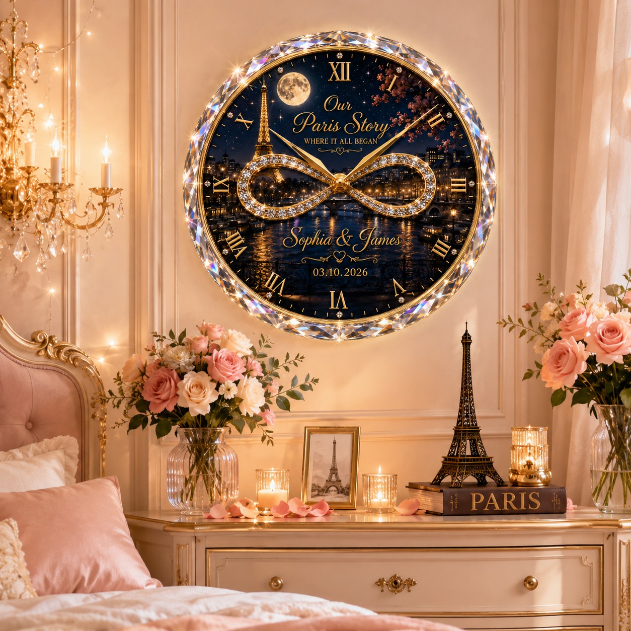 Personalized Paris couple Custom Name Wall Clock — personalized with a custom name