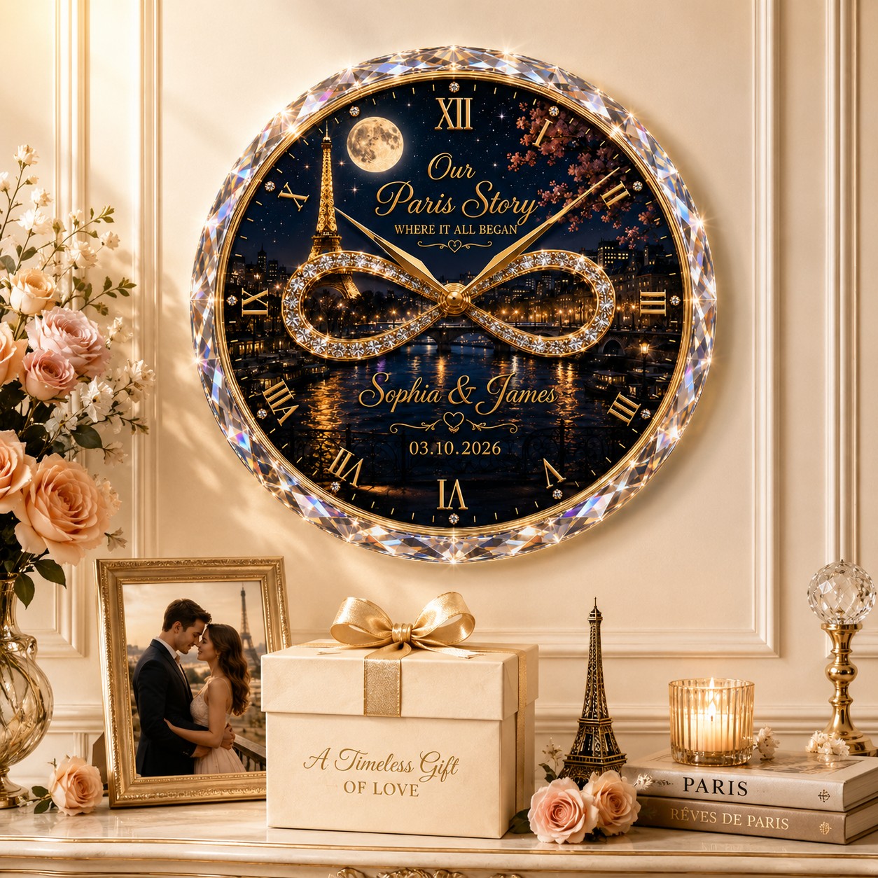 Personalized Paris couple Custom Name Wall Clock — personalized with a custom name