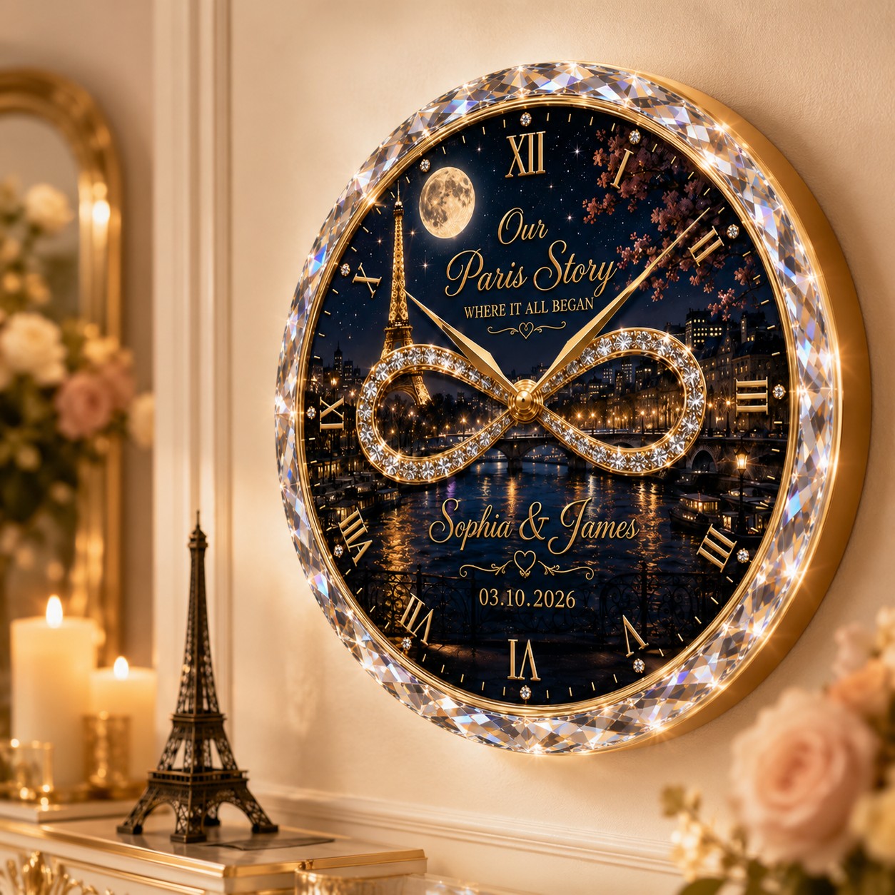 Personalized Paris couple Custom Name Wall Clock — personalized with a custom name