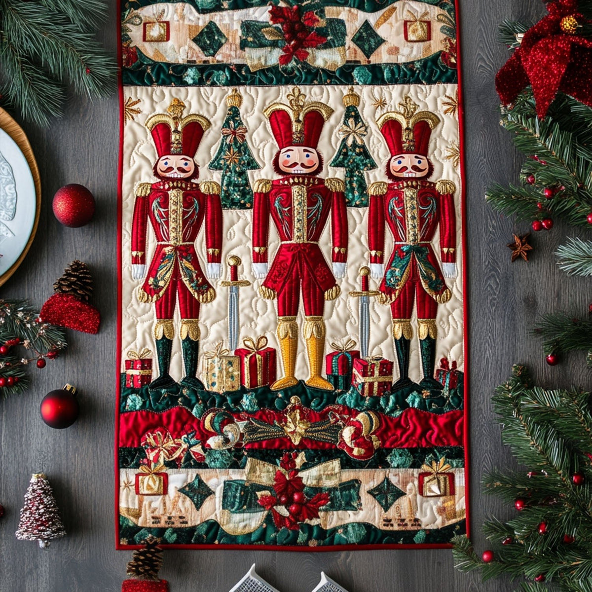 Red Nutcrackers with Holly Table Runner