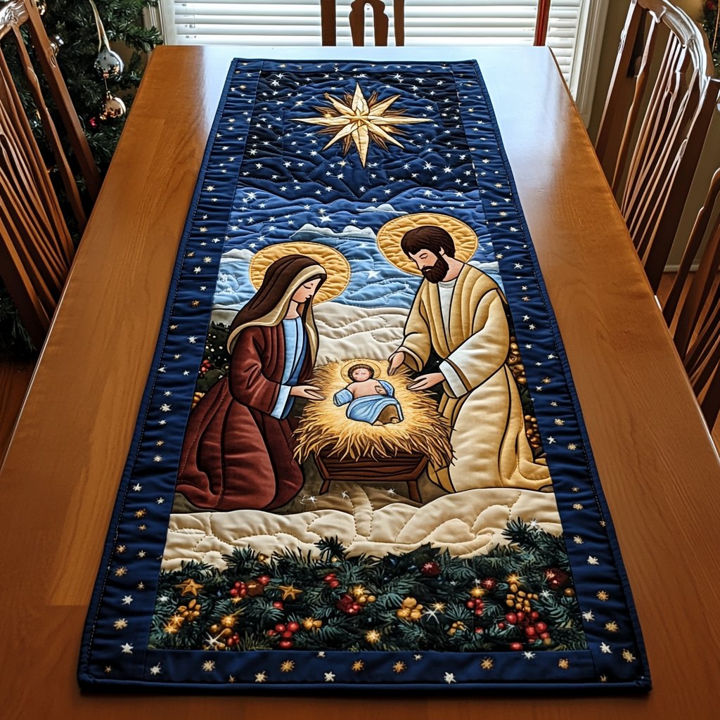 Nativity on Navy Starry Ground Table Runner