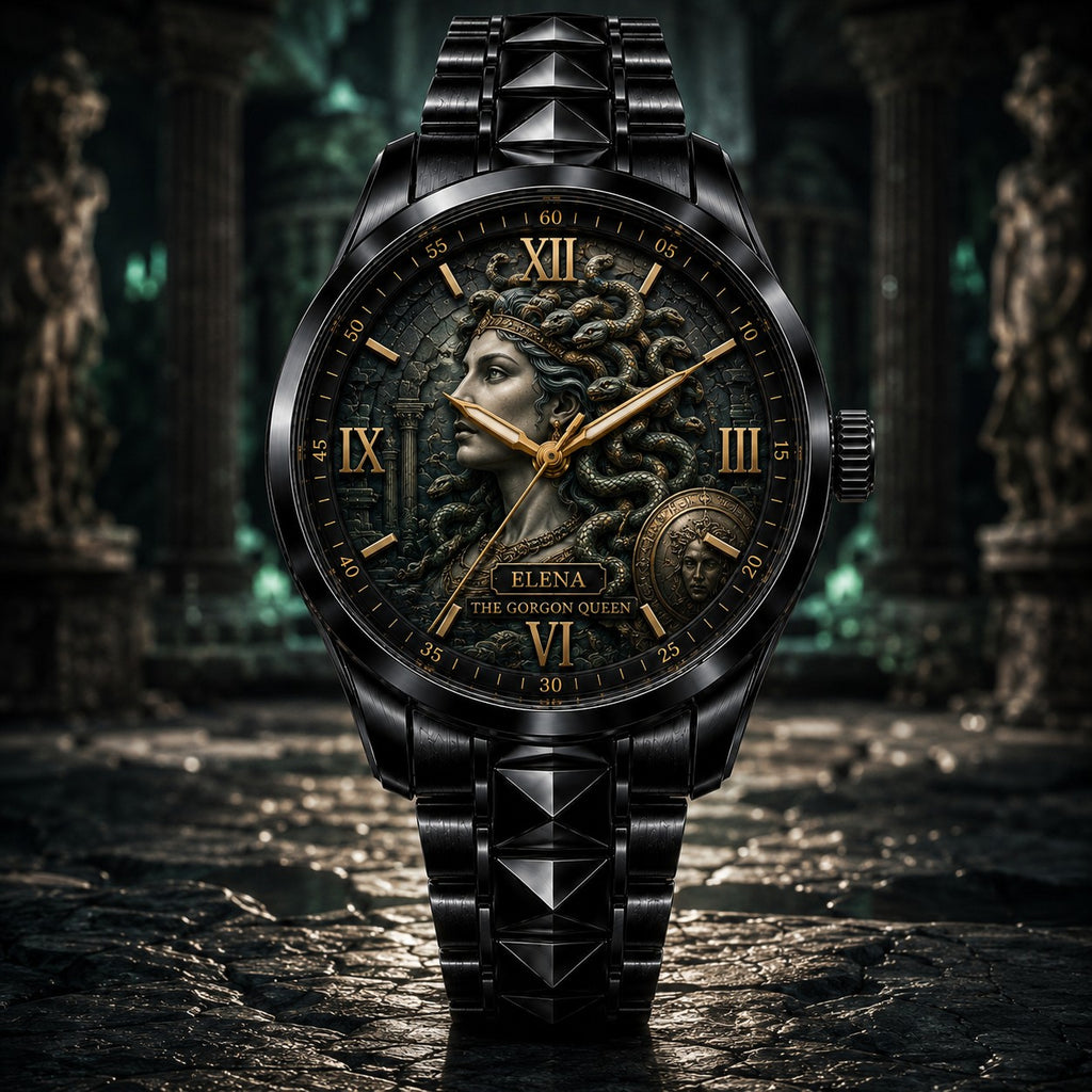 Personalized Gorgon Queen Watch with a custom name set into the design