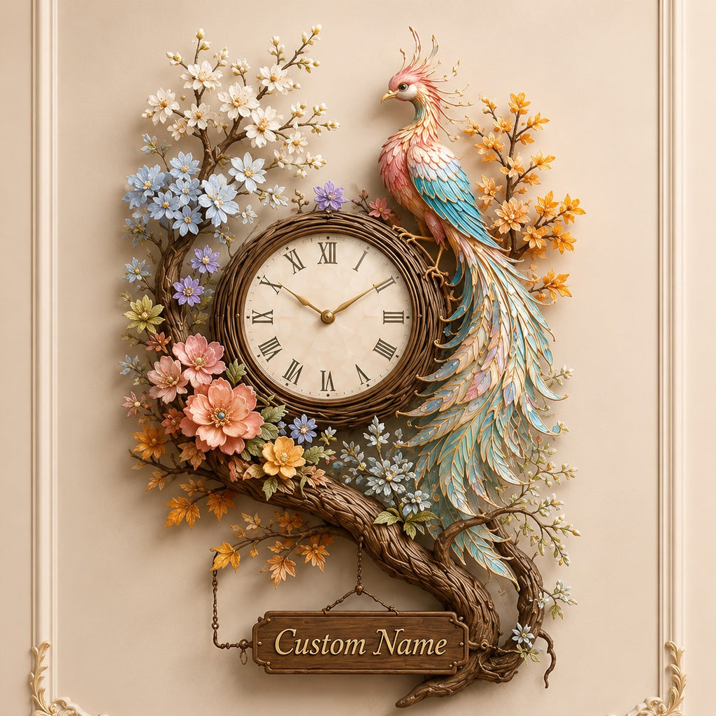 Phoenix floral Custom Name Wall Clock — personalized with a custom name